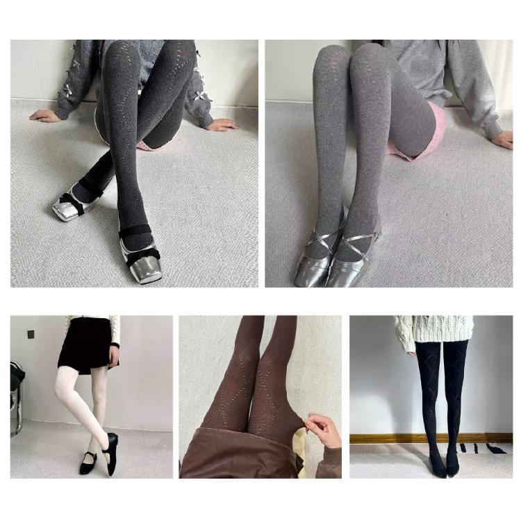 Women Hollowed Plaids Pattern Stockings Cotton Pantyhose Solid Color Winter Opaque Tights Bottoming Leggings Hosiery