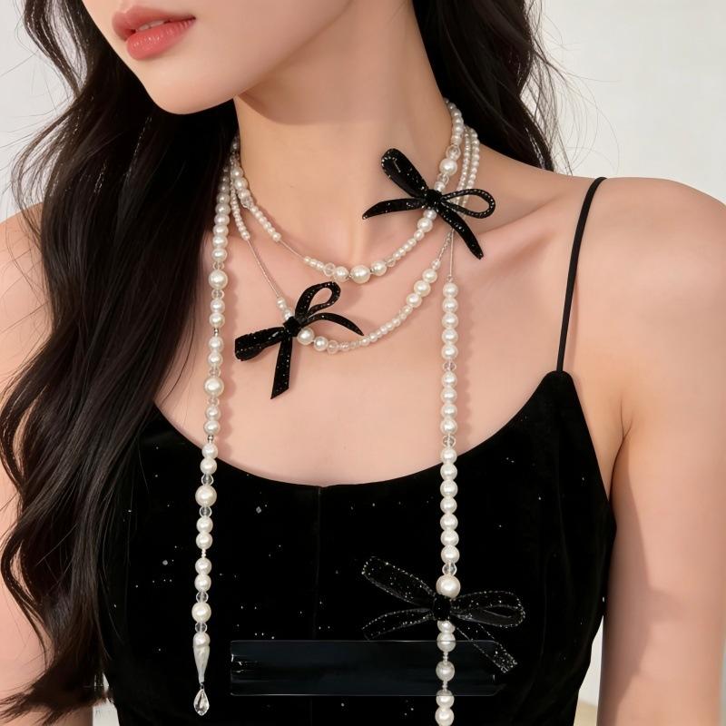 Elegant Multi Layered Pearl Ribbon Bow Layered Tassel Necklace Niche Sweet Drape Neck Chain Trendy Necklace Jewelry Accessories