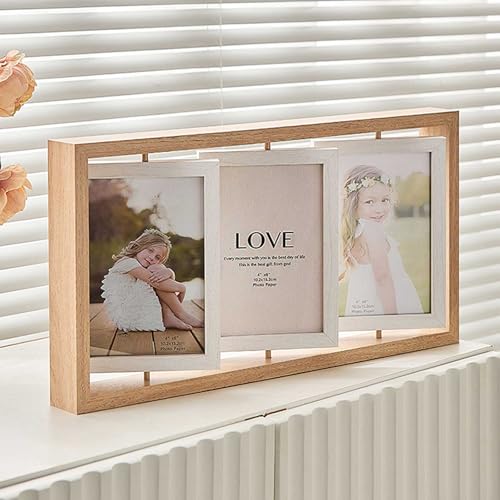 Wooden Photo Frame, Large/KG Size, Double-Sided, Triple Panel, Rotatable, Perfect for Multiple Photos (10*15cm), Woodgrain Finish, Nordic Style, Displ