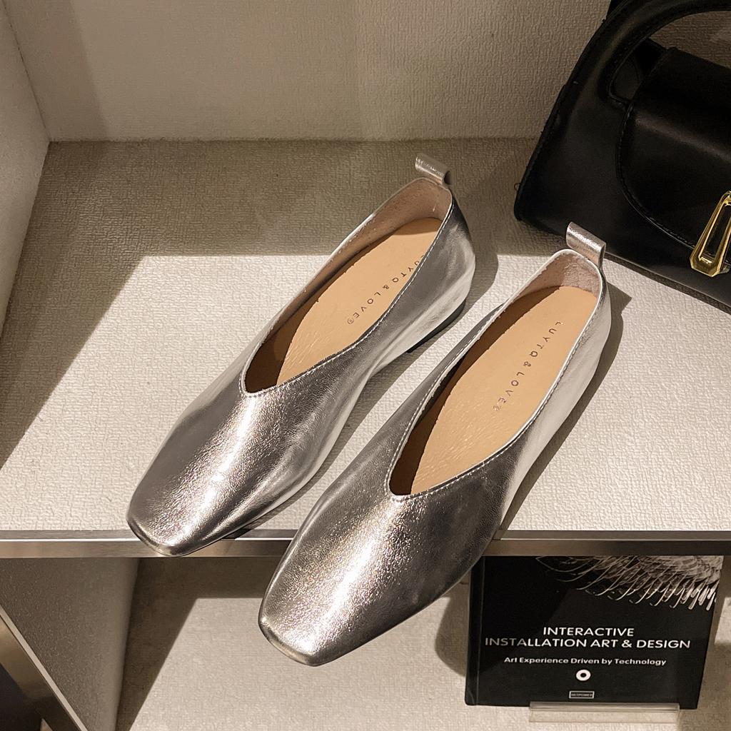 Women's Loafers Genuine Leather Luxury Shoes Grade Silver Heels Gold Pumps Square Toe Elegant Mary Janes Shoes Women