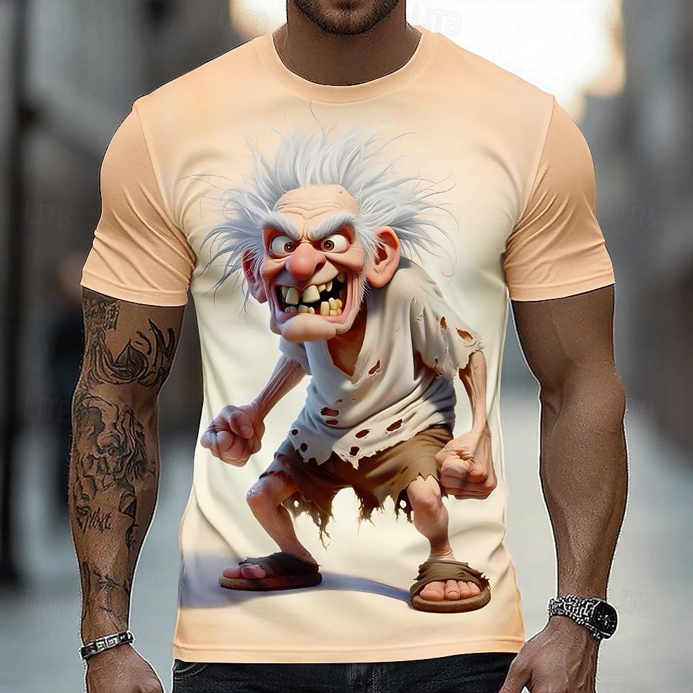 Summer Round Neck 3D Cartoon Grumpy Old Man Graphic Print Top Fashionable Casual Short Sleeved Men's T-shirts