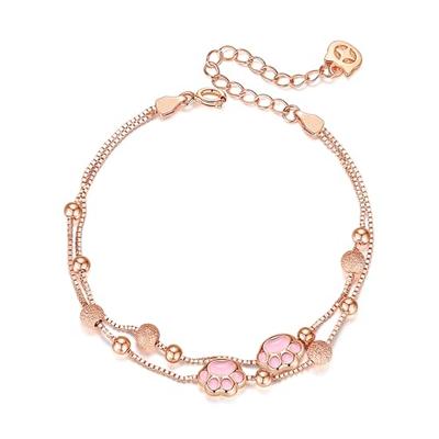 Silver Thunder" Bracelet for Women, Cute Cat Paw Print Motif, Pink Gold, Double Chain, 925 Silver, Hypoallergenic, Accessory Jewelry, Lover's Gift, B