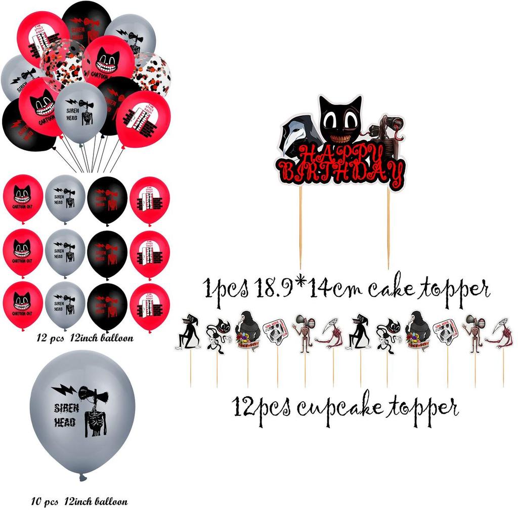 Siren Head Cartoon Cat Horror Theme Birthday Party Balloon Banner Cake Topper Set