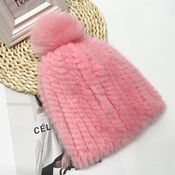 New Girls Boys Winter Hat Real Mink Fur Knitted Fox Fur Pompom Warm Hats Elastic High Quality Kids Outdoor Beanie Hats