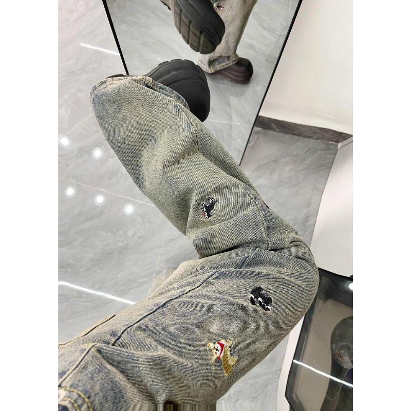 Women's Spring/Fall Loose Distressed Wide-Leg Jeans with Little Dog Embroidery