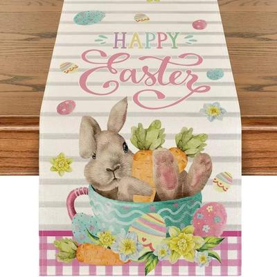 New Linen Happy Easter Table Runner Egg Rabbit Easter Tablecloth Bunny Placemat Dining
