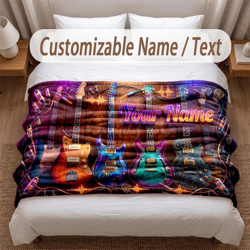 Music Guitar Theme Soft Blanket Personalized Custom Name Text Print Warm Blanket Home Sofa Bedroom Decor