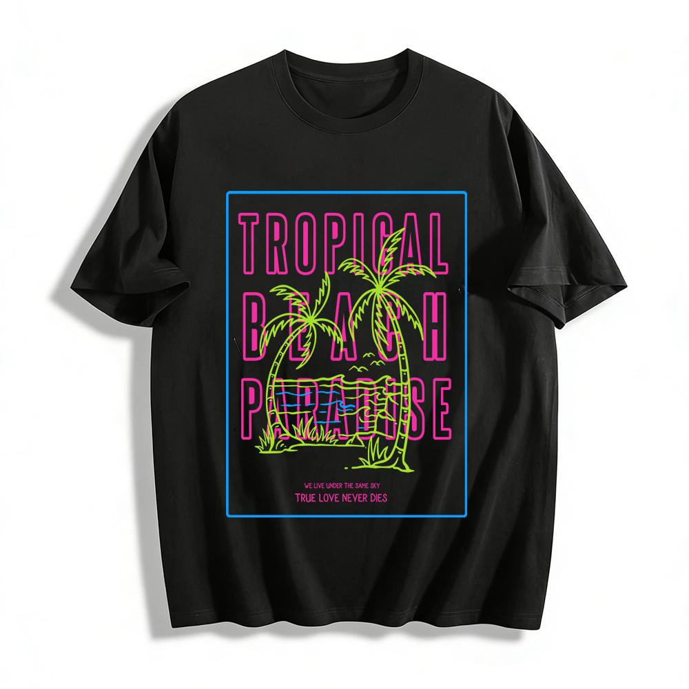 Tropical Beach Paradise Coconut Tree Print Vacation Style Tee Pure cotton T-shirt XXS