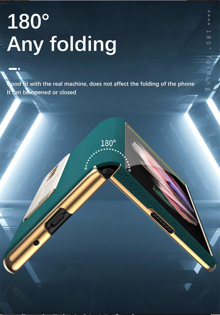 Per Samsung Galaxy Z Fold 5 4 3 2 5G Custodia Lussuosa in Pelle con Cornice Placcata e Cavalletto Pellicola Protettiva per Schermo Frontale
