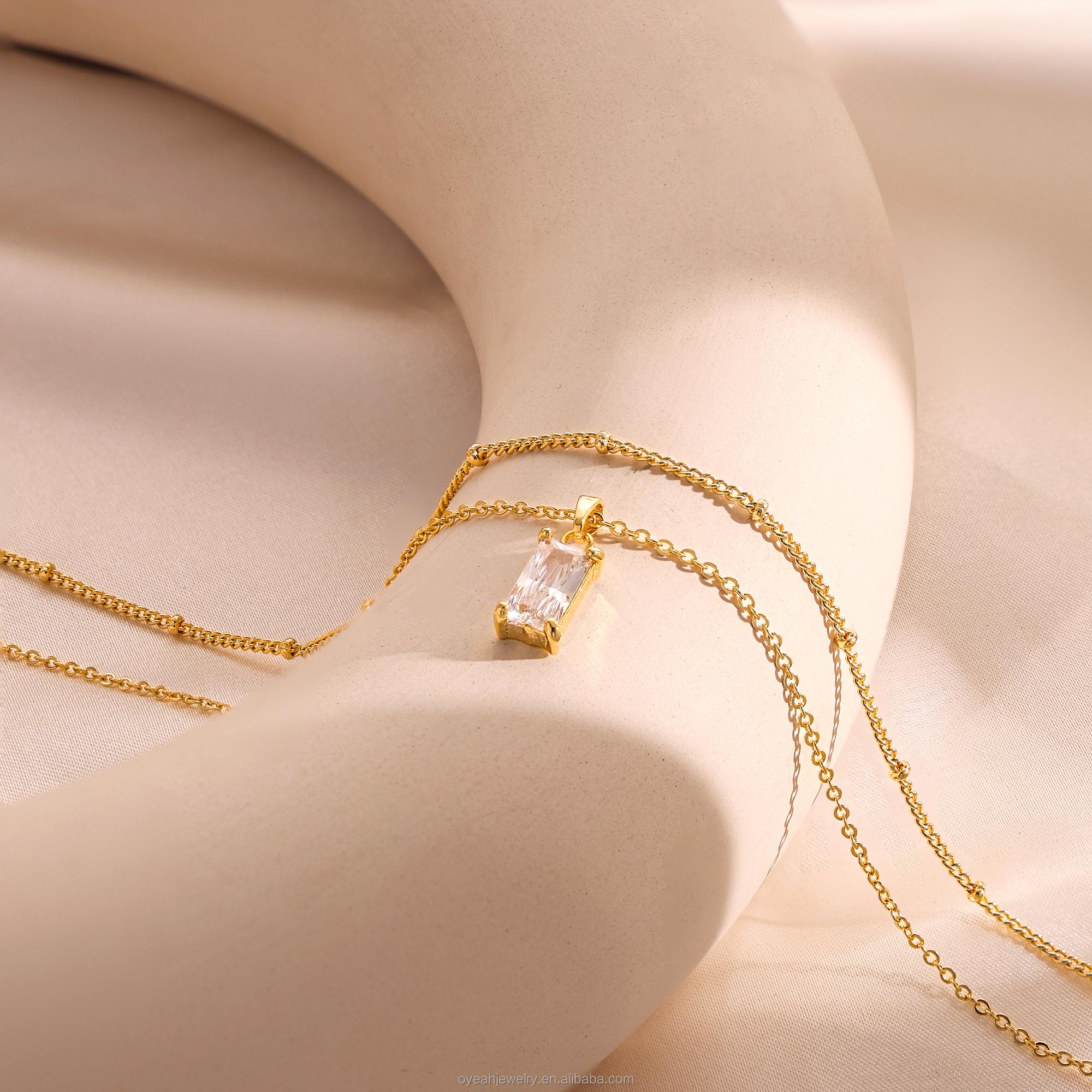 OUYIN Double Layer Necklace Gold Tone Brass Satellite and Rectangular Zircon Chains Minimalist Layering Jewelry for Women золотой