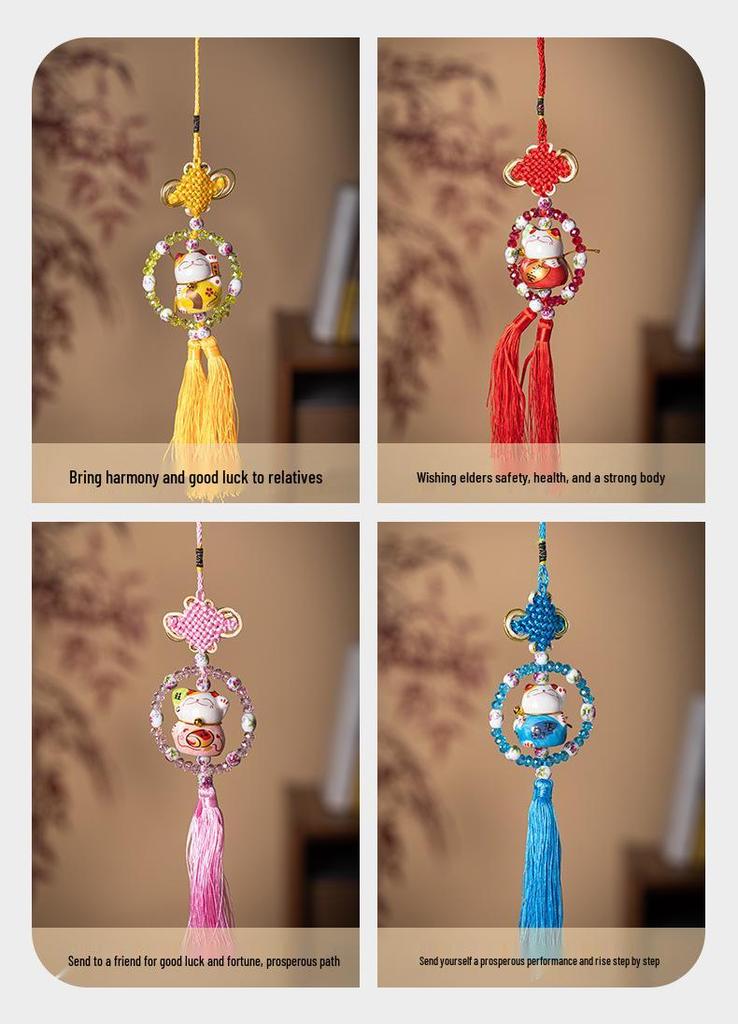 Car Lucky Cat Blessing Plate Rearview Mirror Ornament for Women's Safety