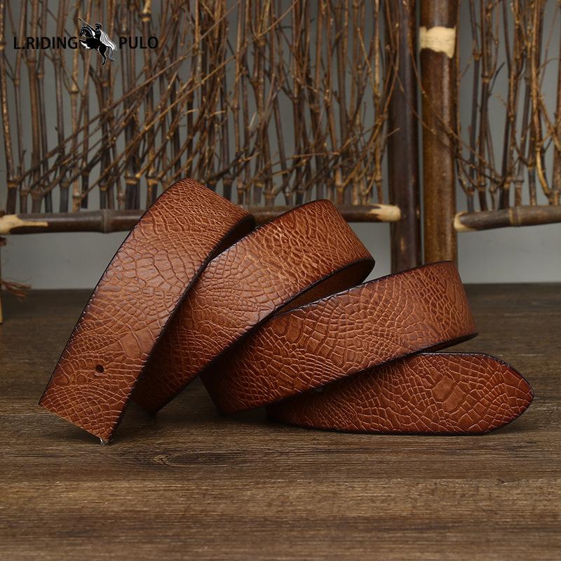 Men's Buckleless Embossed Leather Belt with Pin Buckle, Top Layer of Pure Cowhide, Retro Trend Belt