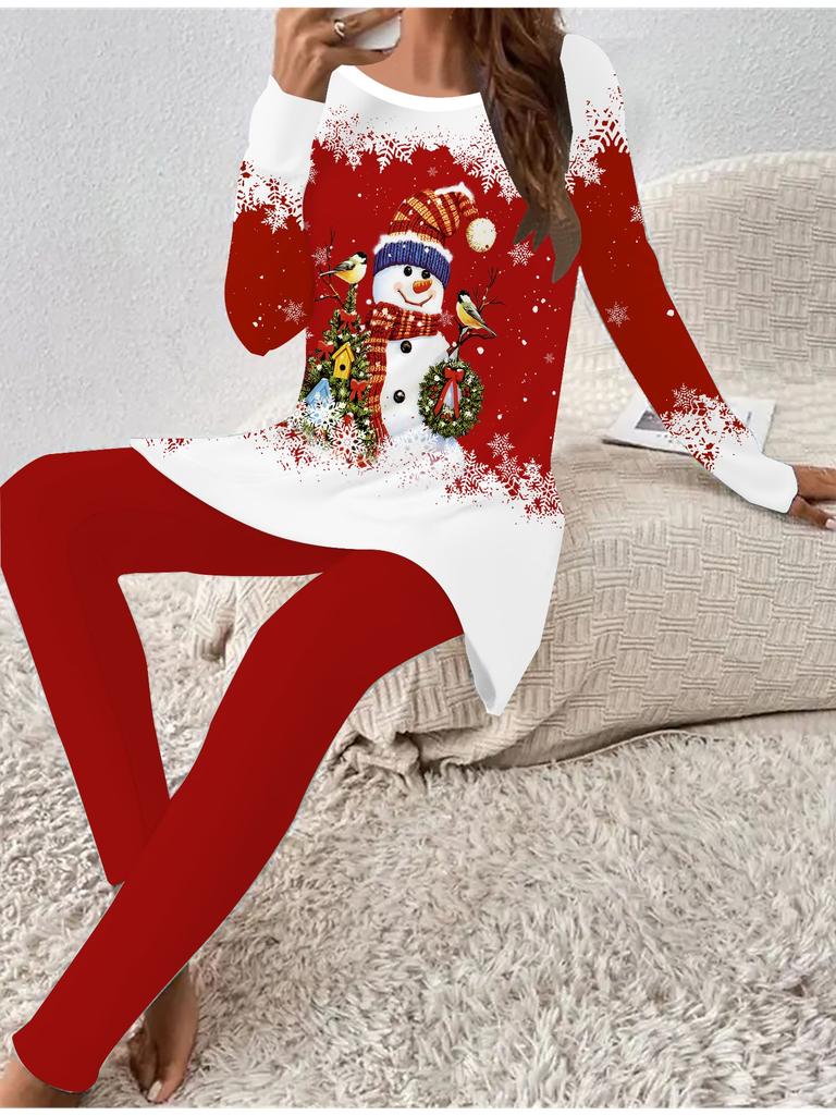 Euroamerická móda 3D Vánoční potisk Dámské Čtyřsezónní Tričko s dlouhým rukávem + Dlouhé kalhoty Dvoudílný set. Perfektní dárek na Nový rok a Vánoce
