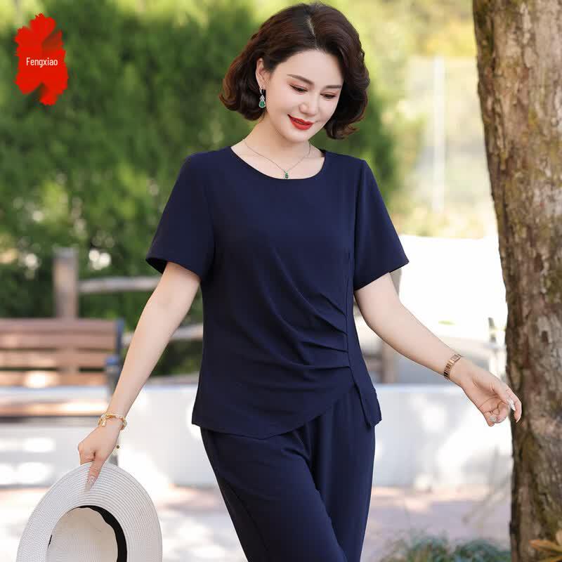 Stylish Short-Sleeve Two-Piece Set for Middle-Aged Women 2XL
