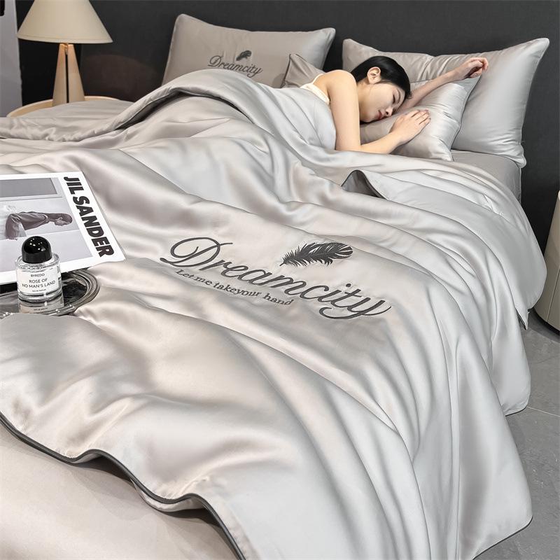 Class A Ice Silk Summer Quilt Set - Cooling, Water Washable, Embroidered, Air Conditioning Friendly, Thin Quilt for Naked Sleep