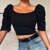 Elastic Women Top Fine Workmanship Cotton Blend Half Puff Sleeve Short T-shirt for Daily