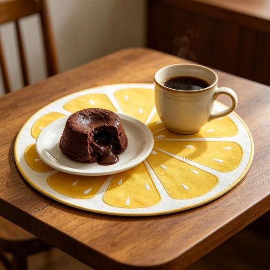 Lemon Slice Placemat Linen Heat Insulation Dining Mat Embroidered Round Orange Washable Placemat for Dining Table Decoration Protection