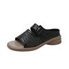 Fashion Large Size Hollow Slipper Summer Shoes for Women Chunky Middle Heel Retro Belt Buckle Breathable Leisure Outside Wear Slides