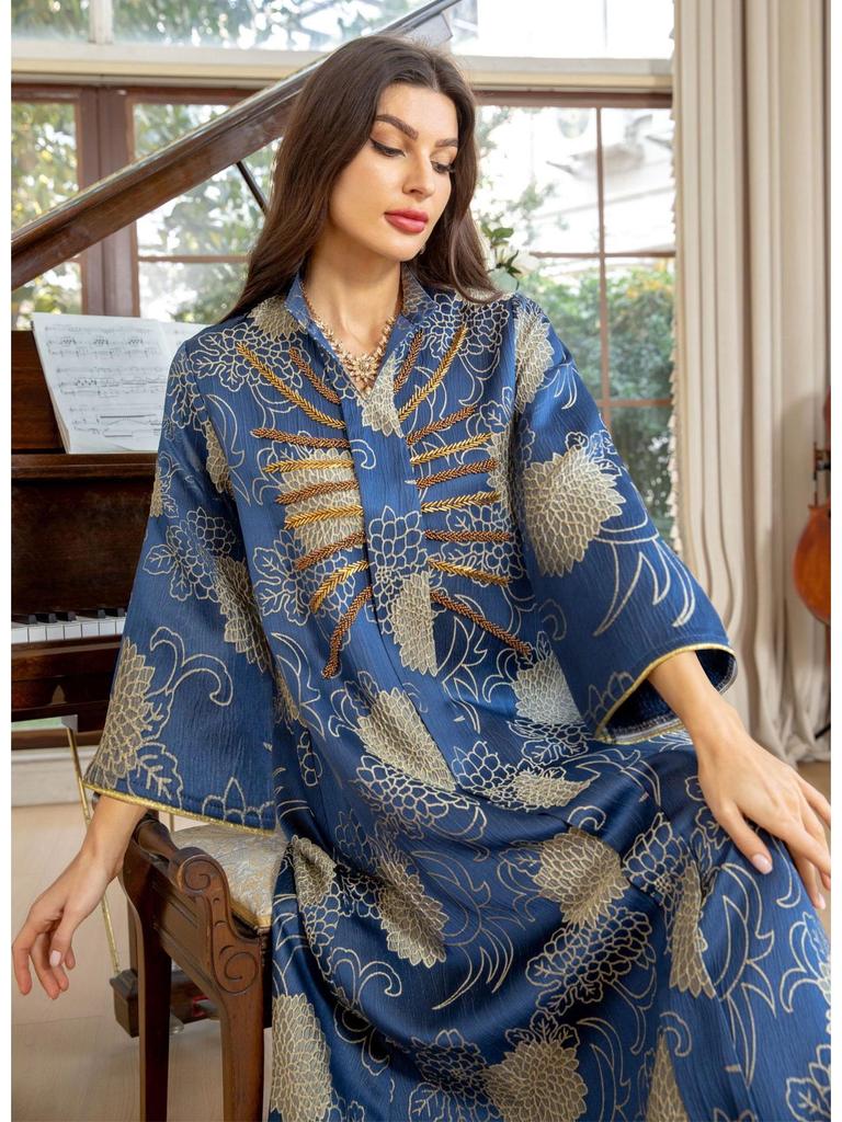 AB402 V-Neck Jacquard Beaded Dubai Dress - Women's Middle Eastern Muslim Robe