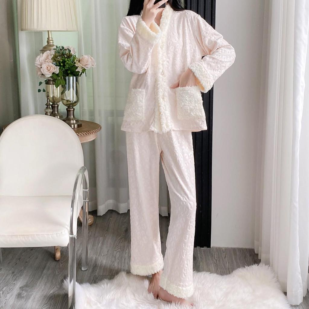 Women's Island Fleece Pajamas - High-End Minimalist Long Sleeve & Pants Thick Warm Set for Autumn/Winter