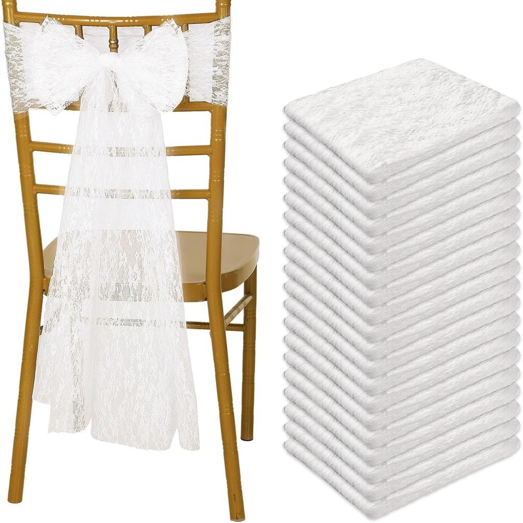 10Pcs 18x275cm White Lace Chair Sashes Boho Bows Rustic Chair Ties Slipcovers for Wedding Baby Shower Birthday Party Table Decor