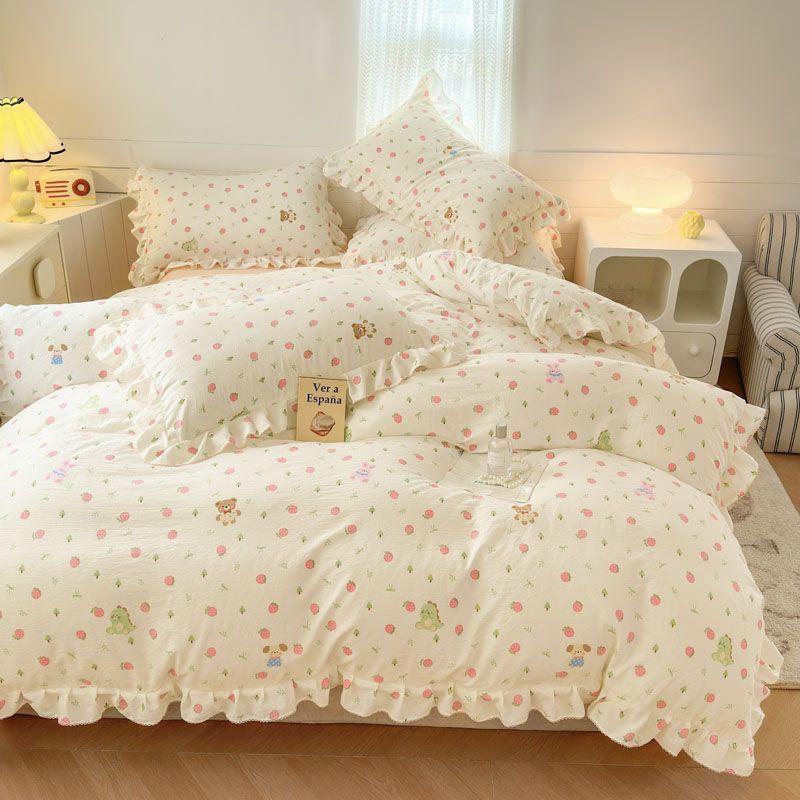 Ins Strawberry Bedding Set Spring Summer Soft Ruffles Princess Floral Duvet Cover No Filler Pillowcase Bed Sheet Quilt Cover