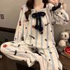 Women Flannel Pajama Set Winter Thick Warm Square Neck Long Sleeve Princess Style Bow Butterfly Casual Loungewear Home Sleepwear