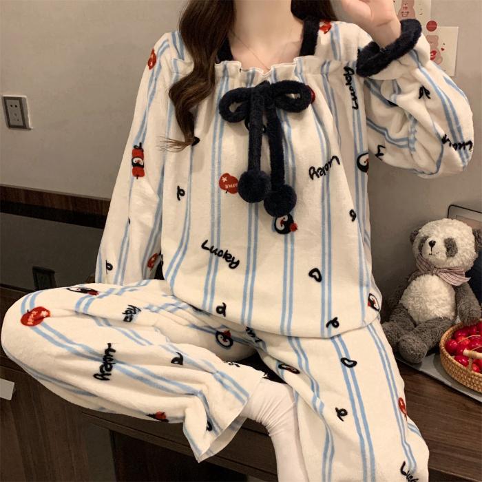 Women Flannel Pajama Set Winter Thick Warm Square Neck Long Sleeve Princess Style Bow Butterfly Casual Loungewear Home Sleepwear