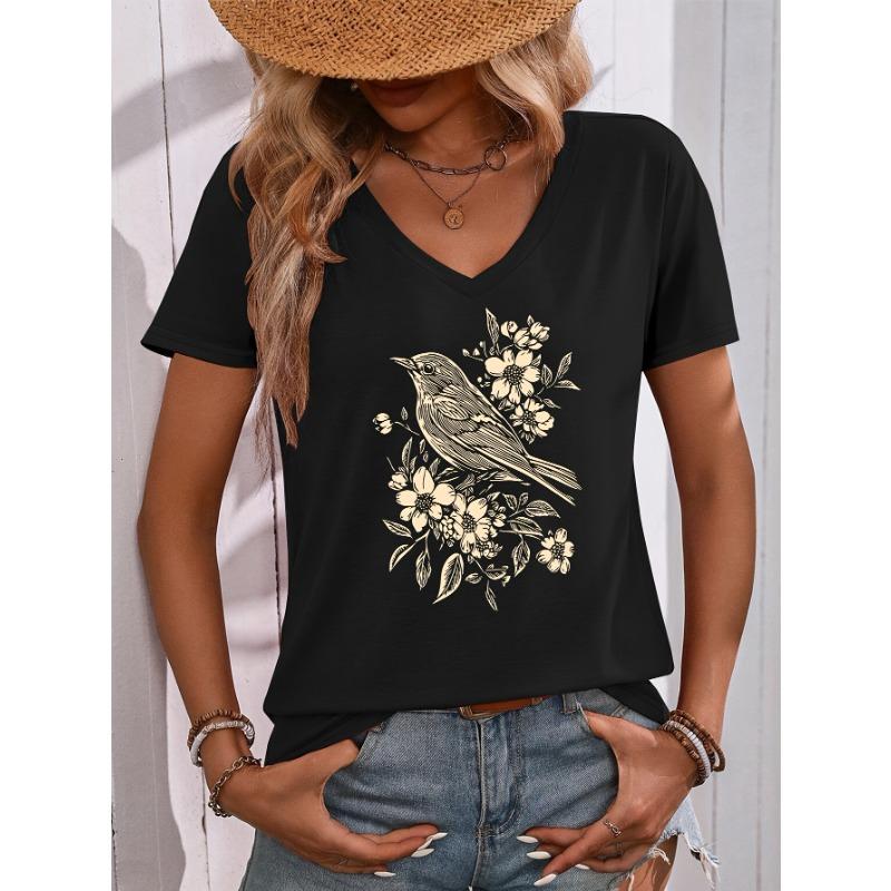 

A Sense of Natural! Vintage Line Art Floral and Bird Print V-neck Colored T-shirt, Summer Loose-fit Casual Top L