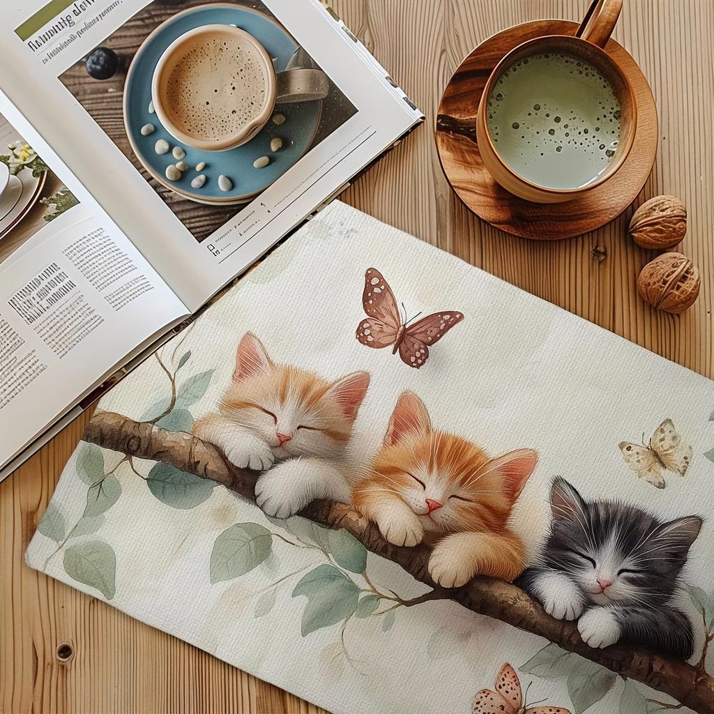 4/6 stuks Placemats voor Eettafel, Aquarel Tak Slapende Kat Tafelmatten, Antislip/Afneembaar Eettafelmat Set voor Feest Keuken Eetkamer