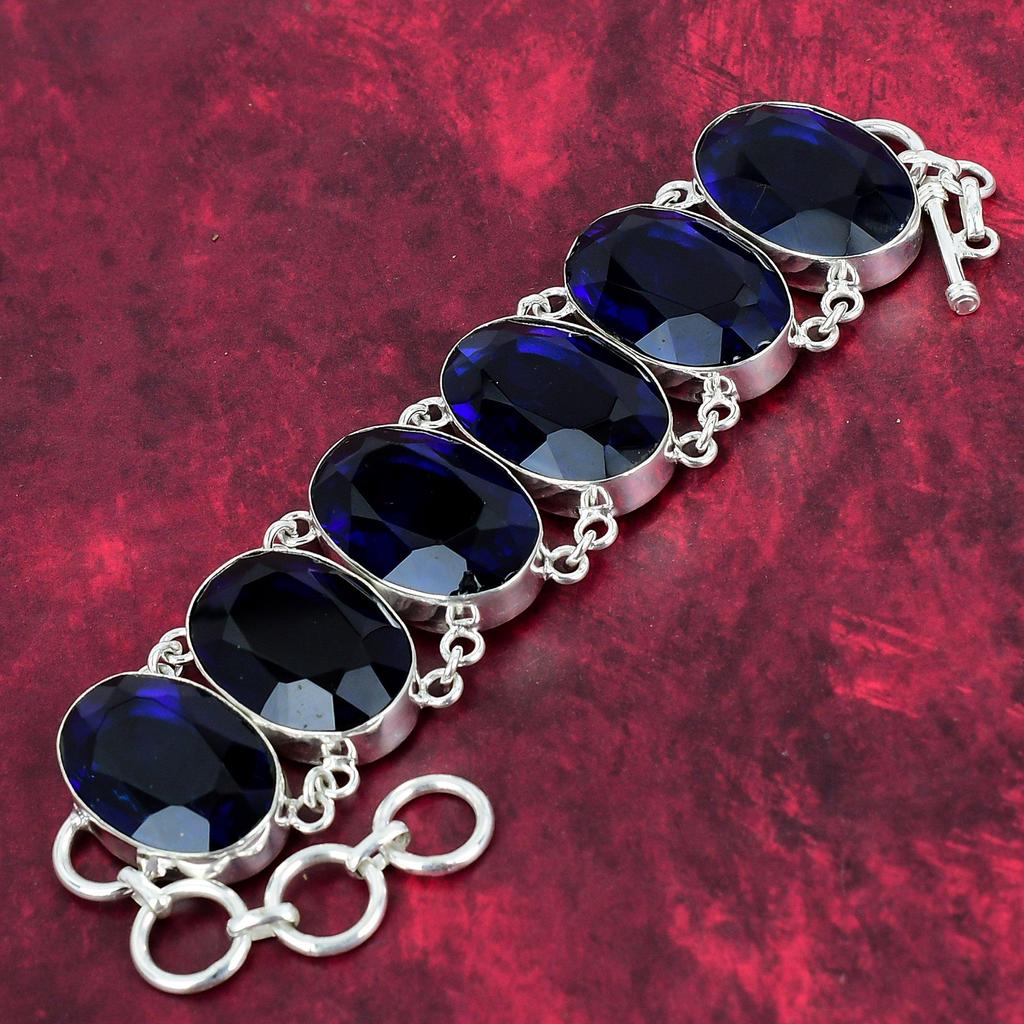 Faceted Blue Sapphire Lab-Created Jewelry, Handmade Gemstone 925 Solid Sterling Silver Jewelry, New Jewelry Adjustable Chain Bracelet For Wedding Gift