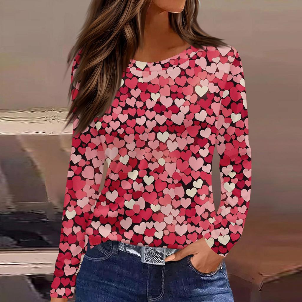 Women's Fashion Casual Slit Hem Round Neck Long Sleeve Loose Printed T-Shirt Ladies Top