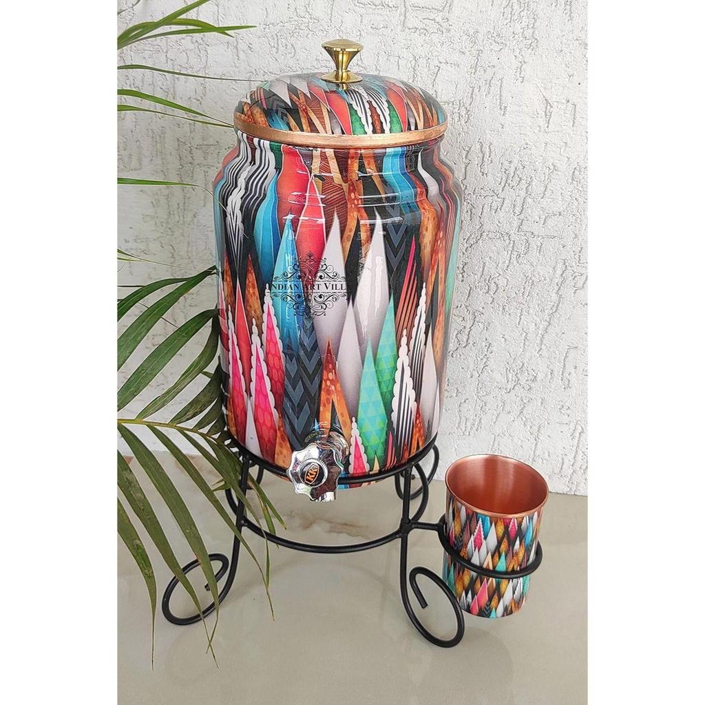 Pure Copper Printed Design Water Pot Heavy Gauge with Brass Tap & Copper Glass & Stand, Storage & Serving Water, Volume- 5 Liters