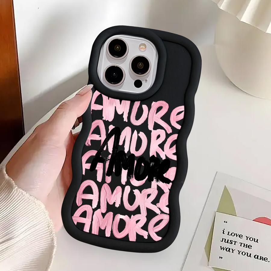 Amore-Love Pink Letter Case for iPhone 12 15 Plus 11 8 16 Pro Max XR 13 17 Air 14 Soft Phone Cover