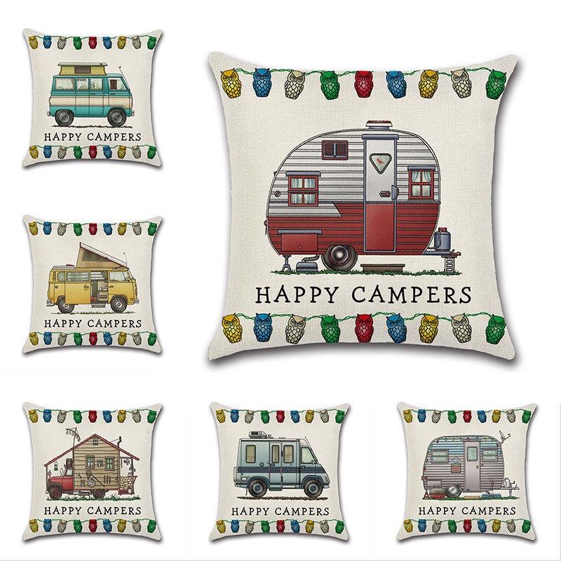Ornate Happy Campers Sofa Throw Cushion Cover Ideal For Home Dcor