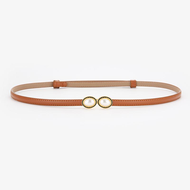 Ladies' Pearl Inlaid Adjustable Genuine Leather Belt - Trendy and Versatile for Dresses & Pants