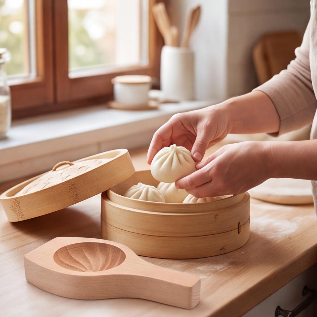 Wooden Steamed Bun Mold: DIY Baozi Dumpling Mooncake Pastry Maker with Filling Spoon - Sturdy Solid Wood Kitchen Tool for Family Cooking 8.15 inch