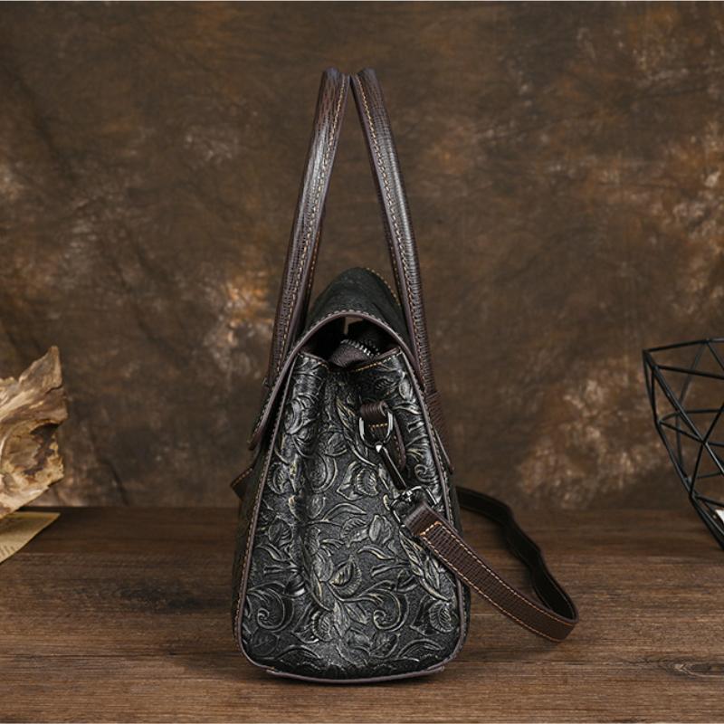 Johnature Retro kabelka z pravé kůže Ženy Ručně vyráběná embosovaná hovězí kůže Velkokapacitní kabelky přes rameno a crossbody