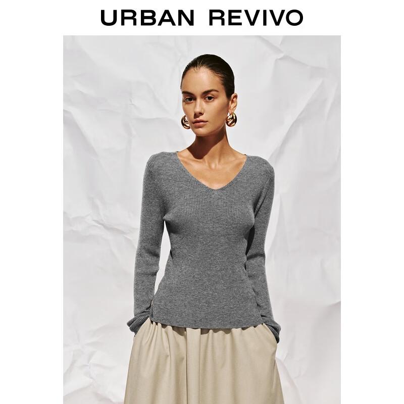 UR 2025 Autumn Women's Solid V-neck Knit Sweater