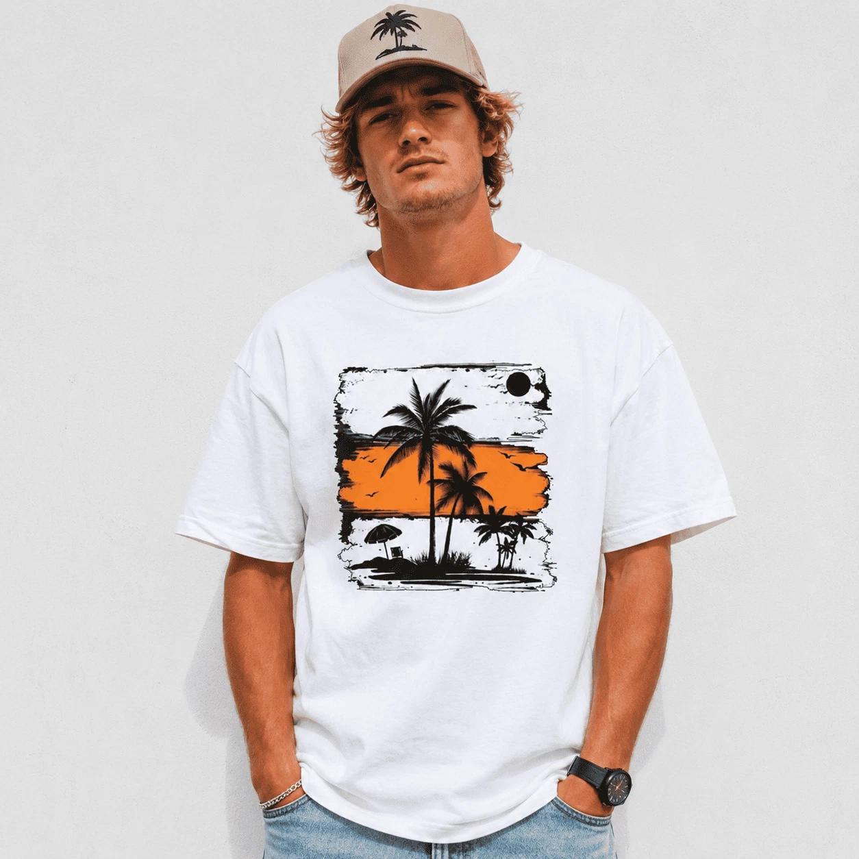 Palm Tree Graphic T-Shirt Tropical Beach Summer Vacation Casual Tee M