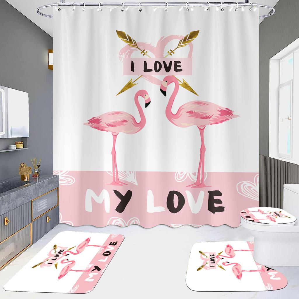 Pink Flamingo Printing Shower Curtain Set For Bathroom Non Slip Lovebird Bath Mat And Curtain Set Bath Rug Toilet Carpet