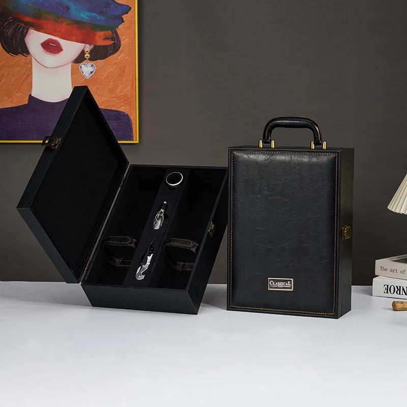 Single/Double Leather Box Wine Bottle Box Luxury Handle Wooden Organizer Gift Wood Wine Holder for 2 Red Wine Packaging