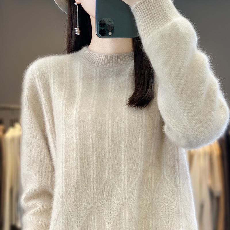 Women's Thickened Wool Jacquard Sweater - Round Neck, Long Sleeve, Cashmere Knit Base Layer for Autumn/Winter