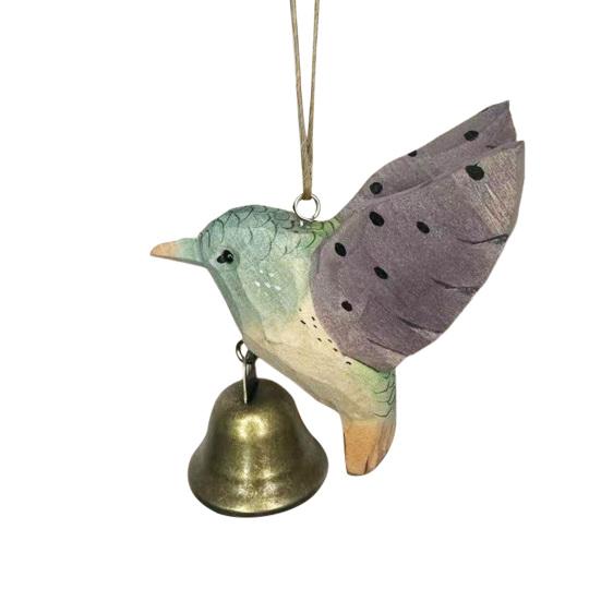 Wood Carving Hummingbird Ornament with Tree Stump/Bell Handcrafted Bird Figurine Statue Sculpture