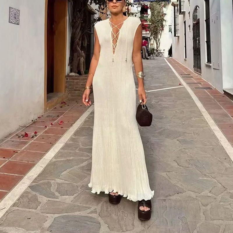 Summer New Product Women's Clothes Pure Color Sleeveless Deep V Neck Lace-up Sexy Silm Vest Dress 1283183