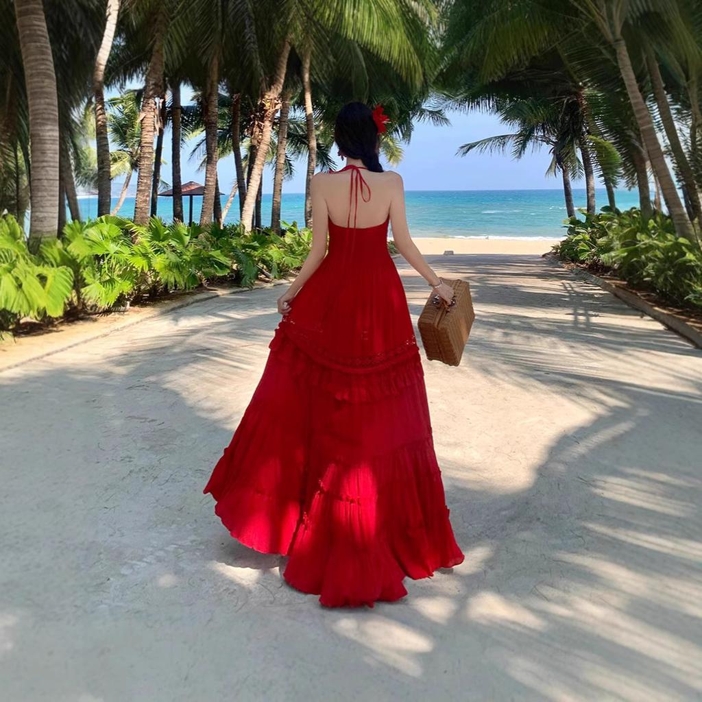 French Beach Dress Vacation Dress Long Dress Sexy Halter Fairy Summer Neck Sling Lace Cake Dress