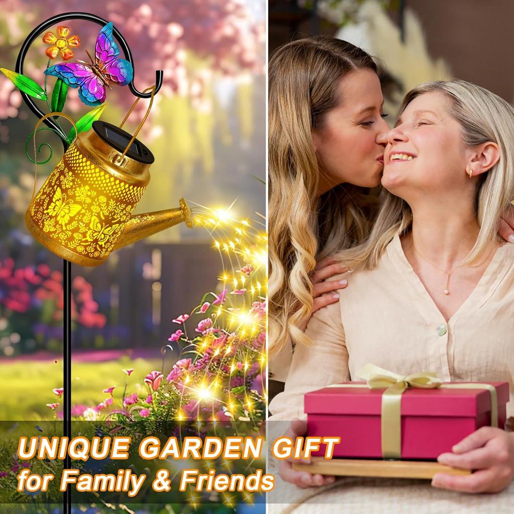 Solar Watering Can Lights Outdoor Garden Decor, Large Butterfly Hanging Lantern with Shepherd Hook, Waterproof Garden Lights for Outdoor Landscape