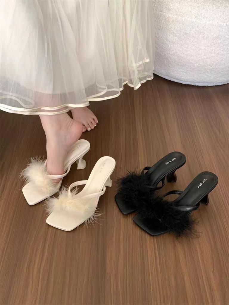 Fashion Women's Shoes Thick Heel Niche Sandals Versatile Sandals Internet Celebrity Going Out Mao Mao Slippers Women Wear 2024 Autumn New Models