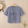 ZANZEA Women Lace-Up V-Neck Casual Short Sleeve Stripe Cardigan Blouse