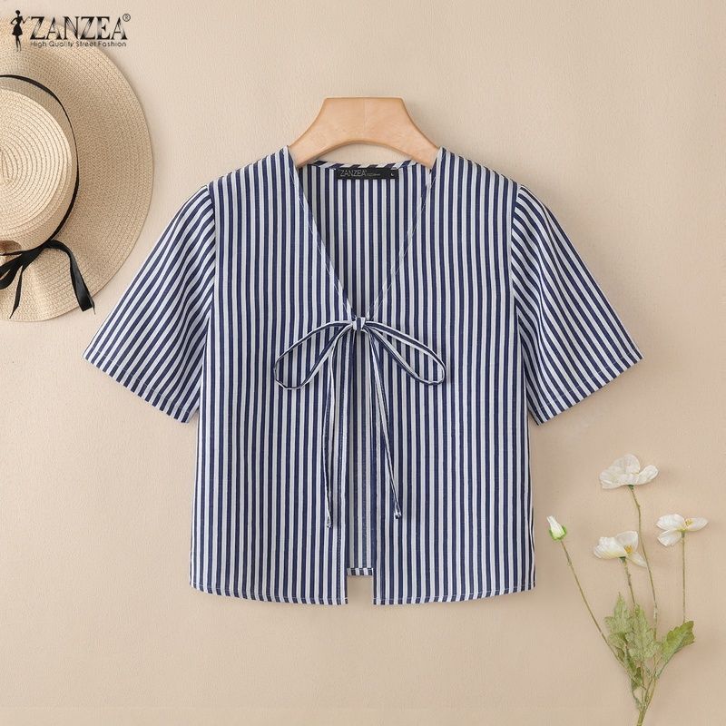 ZANZEA Women Lace-Up V-Neck Casual Short Sleeve Stripe Cardigan Blouse